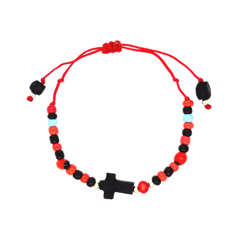 Explore the lively Genuine Jet Azabache Red String Bracelet for both women and men, crafted to ward off the evil eye and invite positive vibes. This bracelet showcases a sequence of red, black, and turquoise beads centered around a black cross bead. The adjustable red strings are adorned with elegant knots and bead accents at each end, enhancing any outfit with their charm.